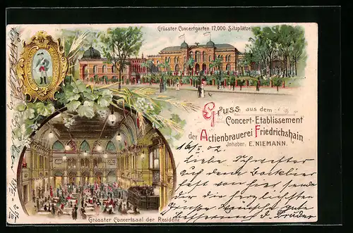 Lithographie Berlin, Concert-Etablissement der Actienbrauerei Friedrichshain, Brauerei