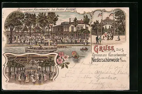 Lithographie Niederschöneweide b. Berlin, Restaurant Hasselwerder mit Tanzsaal