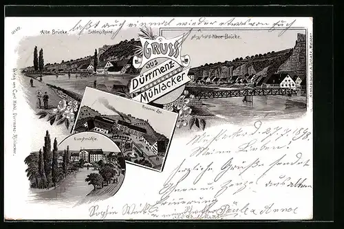 Lithographie Dürrmenz-Mühlacker, Neue Brücke, Schloss Ruine, Brauerei Leo