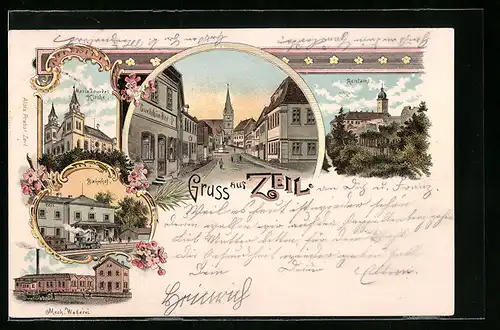 Lithographie Zeil, Bahnhof, Rentamt, Mech. Weberei