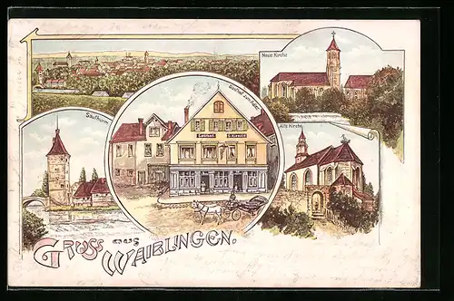 Lithographie Waiblingen, Neue Kirche, Gasthof zum Adler, Säuthurm