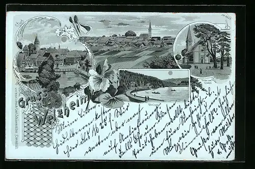 Mondschein-Lithographie Welzheim, Ortsansicht mit Ebnisee, Unter den Linden