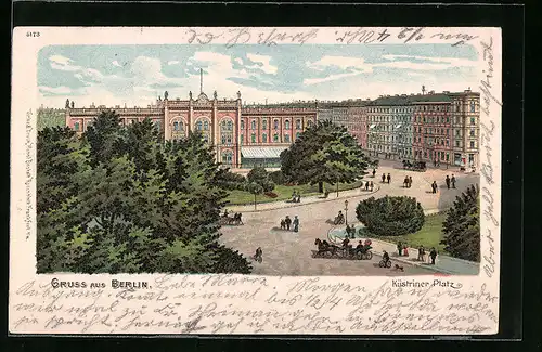 Lithographie Berlin, Küstriner Platz mit Parkanlage