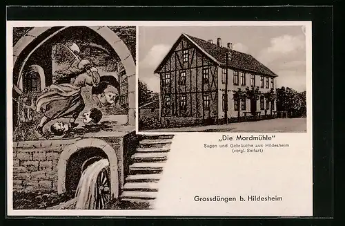 AK Grossdüngen, Die Mordmühle mit Darstellung der Sage