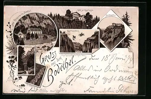 Vorläufer-Lithographie Thale, 1894, Hotel zur Rosstrappe, Hexentanzplatz, Teufelsbrücke