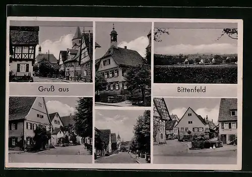 AK Bittenfeld, Ortsansichten mit Kirche und Brunnen