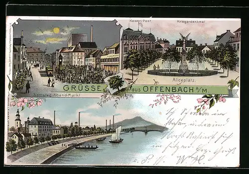 Lithographie Offenbach a. M., Samstag-Abend-Markt, Aliceplatz mit Kriegerdenkmal, Mainpartie