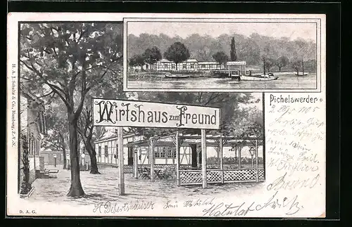 Lithographie Berlin, Pichelswerder mit Wirtshaus zum Freund