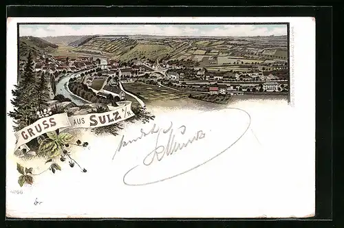 Lithographie Sulz a. N., Ortsansicht aus der Vogelschau