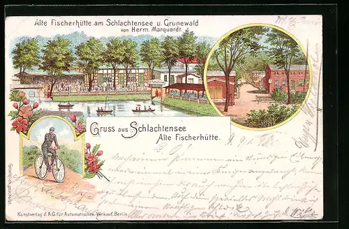 Lithographie Berlin-Schlachtensee, Gasthaus Alte Fischerhütte, Inh.: Herm. Marquardt