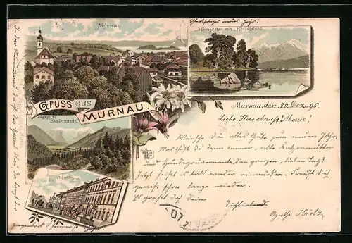 Lithographie Murnau, Ortsansicht mit Post-Hotel und Heimgarten mit Herzogsland