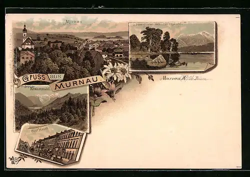 Lithographie Murnau, Ortsansicht mit Heimgarten und Post-Hotel