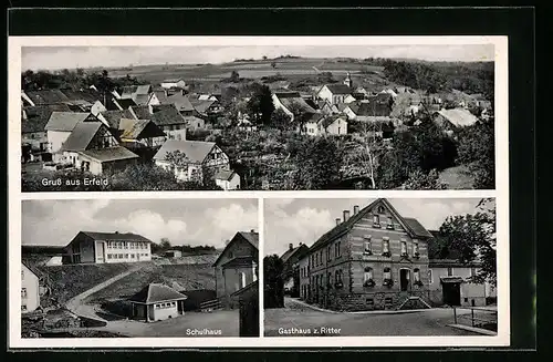 AK Erfeld, Ortsansicht aus der Vogelschau mit Schulhaus und Gasthaus z. Ritter