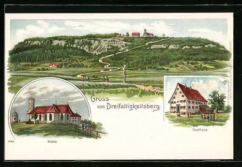 Lithographie Dreifaltigkeitsberg, Gasthaus, Kirche, Panorama