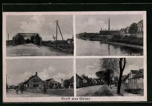 AK Güsen, Lucke`s Ziegelei, Partie am Kanal, Kriegerdenkmal