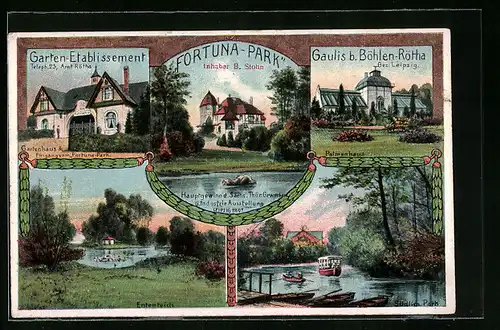 AK Gaulis b. Böhlen-Rötha, Gasthaus Fortuna-Park, Gartenhaus & Eingang, Ententeich