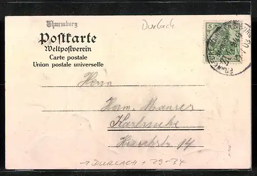 Passepartout-Lithographie Durlach, Turmberg in einem Weinblatt