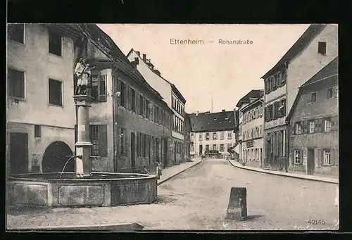 AK Ettenheim, Rohanstrasse mit Geschäft und Brunnen