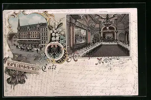 Lithographie Magdeburg, Cafe Hohenzollern, Innenansicht Festsaal
