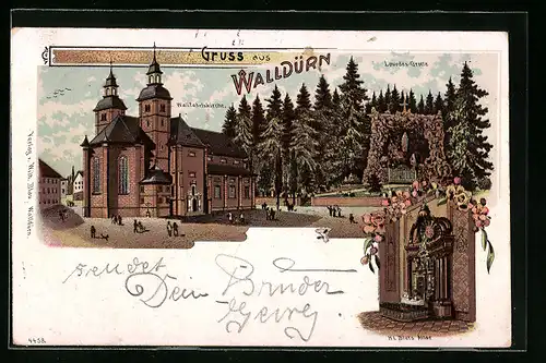 Künstler-AK Walldürn, Wallfahrtskirche, Hl. Bluts Altar, Lourdes-Grotte