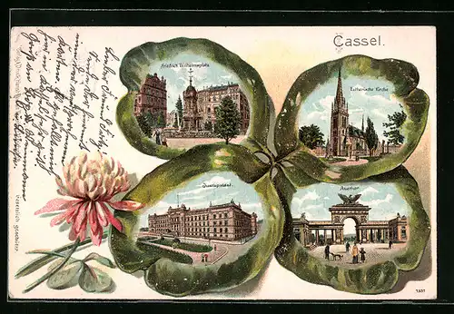 Passepartout-Lithographie Kassel, Justizpalast, Lutherische Kirche und Auetor im Kleeblatt