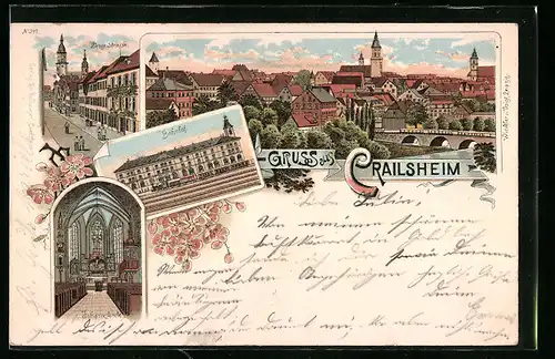 Lithographie Crailsheim, Bahnhof, Inneres Johanneskirche, Lange Strasse