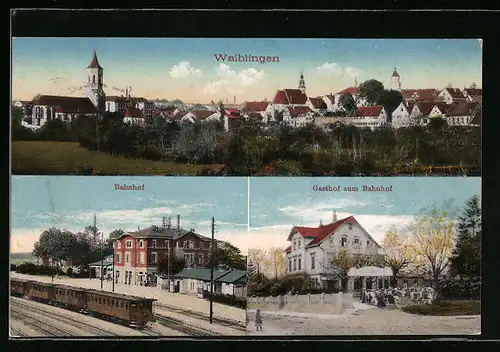 AK Waiblingen, Panorama des Ortes, Bahnhof und Gasthaus zum Bahnhof