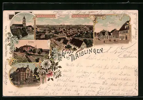 Lithographie Waiblingen, Teilansicht, Bahnhof, Villa Hess, Postplatz