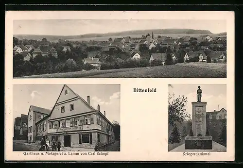 AK Bittenfeld, Ortspanorama, Kriegerdenkmal, Gasthaus zum Lamm