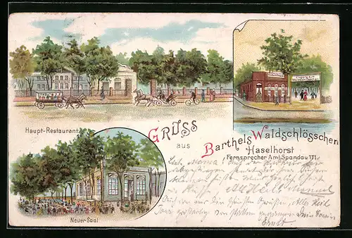 Lithographie Berlin-Haselhorst, Gasthaus Barthels Waldschlössechen mit Strasse und Garten