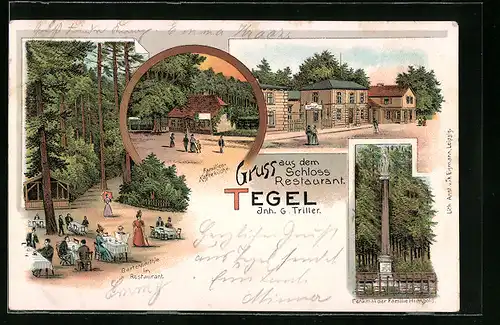 Lithographie Berlin-Tegel, Schloss Restaurant mit Garten und Familien-Kaffeeküche