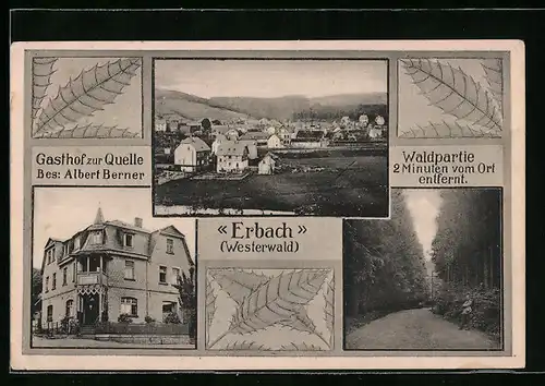 Passepartout-AK Erbach /Westerw., Ortsansicht, Gasthof zur Quelle, Waldpartie