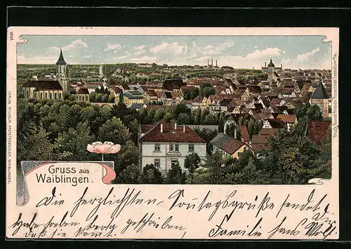 Lithographie Waiblingen, Teilansicht aus der Vogelschau, Blumen-Ornament