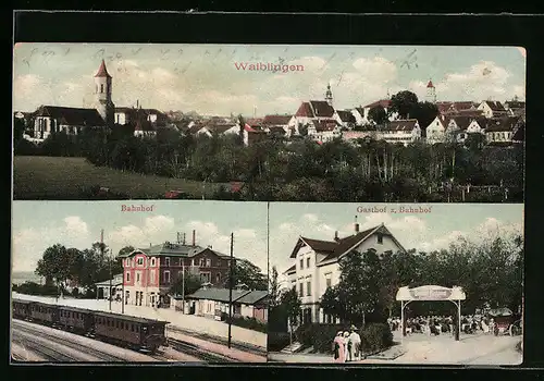 AK Waiblingen, Panorama mit Kirche, Bahnhof und Gasthof zum Bahnhof