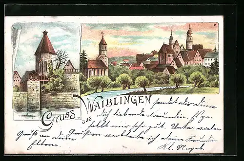 Lithographie Waiblingen, Teilansicht und Partie an der Stadtmauer