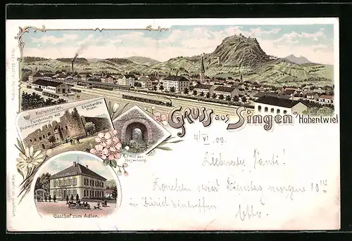 Lithographie Singen /Hohentwiel, Ortsansicht mit Bahnhof und Hohentwiel, Gasthof zum Adler