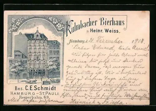 Lithographie Hamburg-St. Pauli, Gasthof Kulmbacher Bierhaus, Reeperbahn 69, mit Strasse