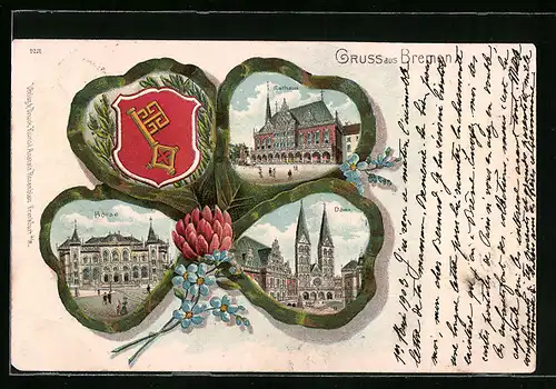 Passepartout-Lithographie Bremen, Wappen, Börse, Rathaus und Dom im Kleeblatt