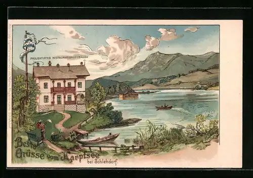 Lithographie Schlehdorf, Gasthaus am Karptsee mit Umgebung