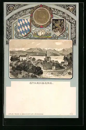 Passepartout-Lithographie Starnberg, Ortsansicht, Geprägte Wappen mit Seerosen und Ornamenten