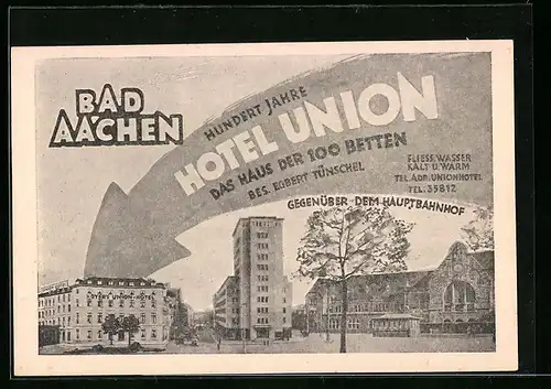 AK Bad Aachen, Hoyers Union-Hotel gegenüber dem Hauptbahnhof