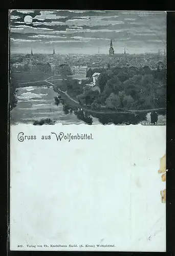 Mondschein-AK Wolfenbüttel, Teilansicht mit Kirche