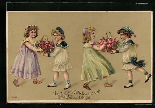 AK Glückwunsch zum Geburtstag, Kinder mit Blumenkörben