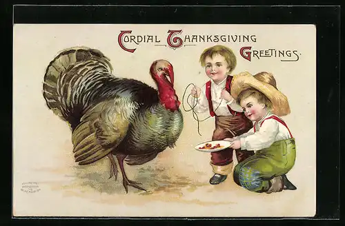 Präge-AK Cordial Thanksgiving, Kinder mit Truthahn