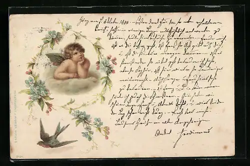 AK Nachdenklicher Engel im Himmel mit Schwalbe