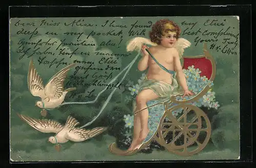 AK Engel in Kutsche mit Tauben