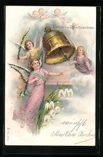 AK Osterengel mit Glocke in den Wolken, Glitzer