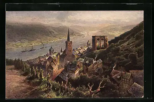 AK Bacharach, Ortsansicht mit Schiffen auf dem Rhein