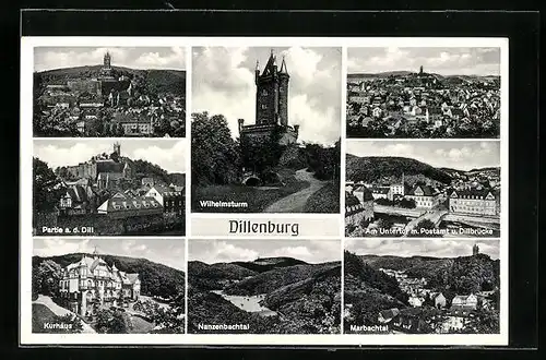 AK Dillenburg, Wilhelmsturm, Kurhaus, Am Untertor mit Postamt