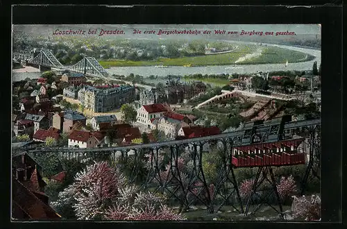 AK Dresden-Loschwitz, Die erste Bergschwebebahn der Welt vom Burgberg aus gesehen